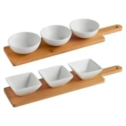 B&M Set Of 3 Serving Bowls With Bamboo Tray - Square 12 B&M Set Of 3 Serving Bowls With Bamboo Tray - Square -Home Discount Store 380368 3pk serving boards with bamboo tray main