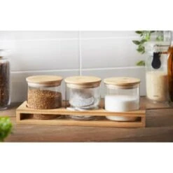B&M Natural Home Glass Jars In Bamboo Stand 3pk -Home Discount Store 380530 3pk natural home glass jars in bamboo stand 2