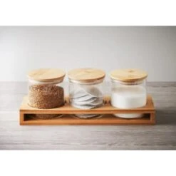 B&M Natural Home Glass Jars In Bamboo Stand 3pk -Home Discount Store 380530 3pk natural home glass jars in bamboo stand