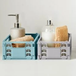 Mini Stacking Fold Flat Crate 22.2 X 15 X 8.7cm - Grey 12 Mini Stacking Fold Flat Crate 22.2 X 15 X 8.7cm - Grey -Home Discount Store 384980 384981 384982 home essebtials mini stacking fold flat crate main 1