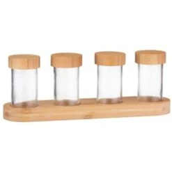 B&M Set Of 4 Glass Spice Jars With Bamboo Wood Base