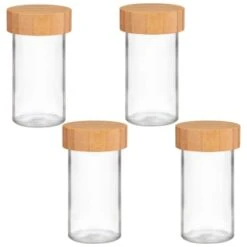B&M Set Of 4 Glass Spice Jars With Bamboo Wood Base -Home Discount Store 394437 set of 4 glass spice jars with bamboo wood lid and base group